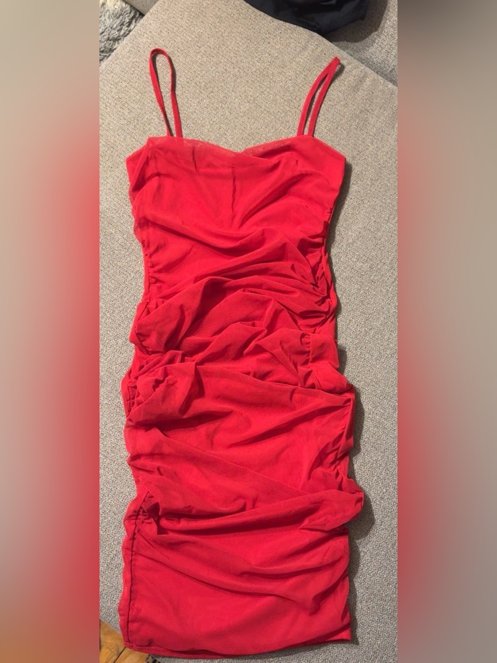 PrettyLittleThing Red Ruched Bodycon Dress with Spaghetti Straps
